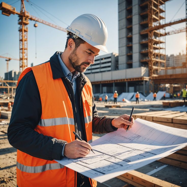 Safety professionals wearing helmets and reflective jackets at an industrial site